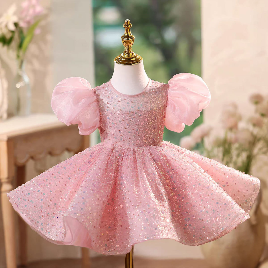 Sparkling Pink Flower Girl Dress with Puffy Sleeves Knee Length D111
