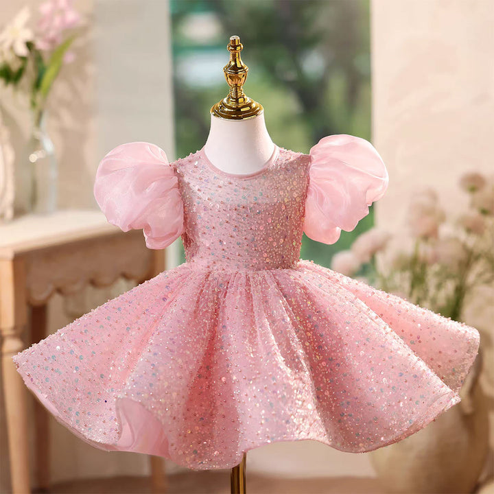 Sparkling Pink Flower Girl Dress with Puffy Sleeves Knee Length D111