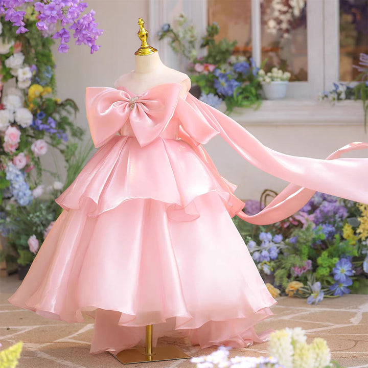 Dreamy Pink Princess Flower Girl Dress with Big Bow Layered Skirt D337