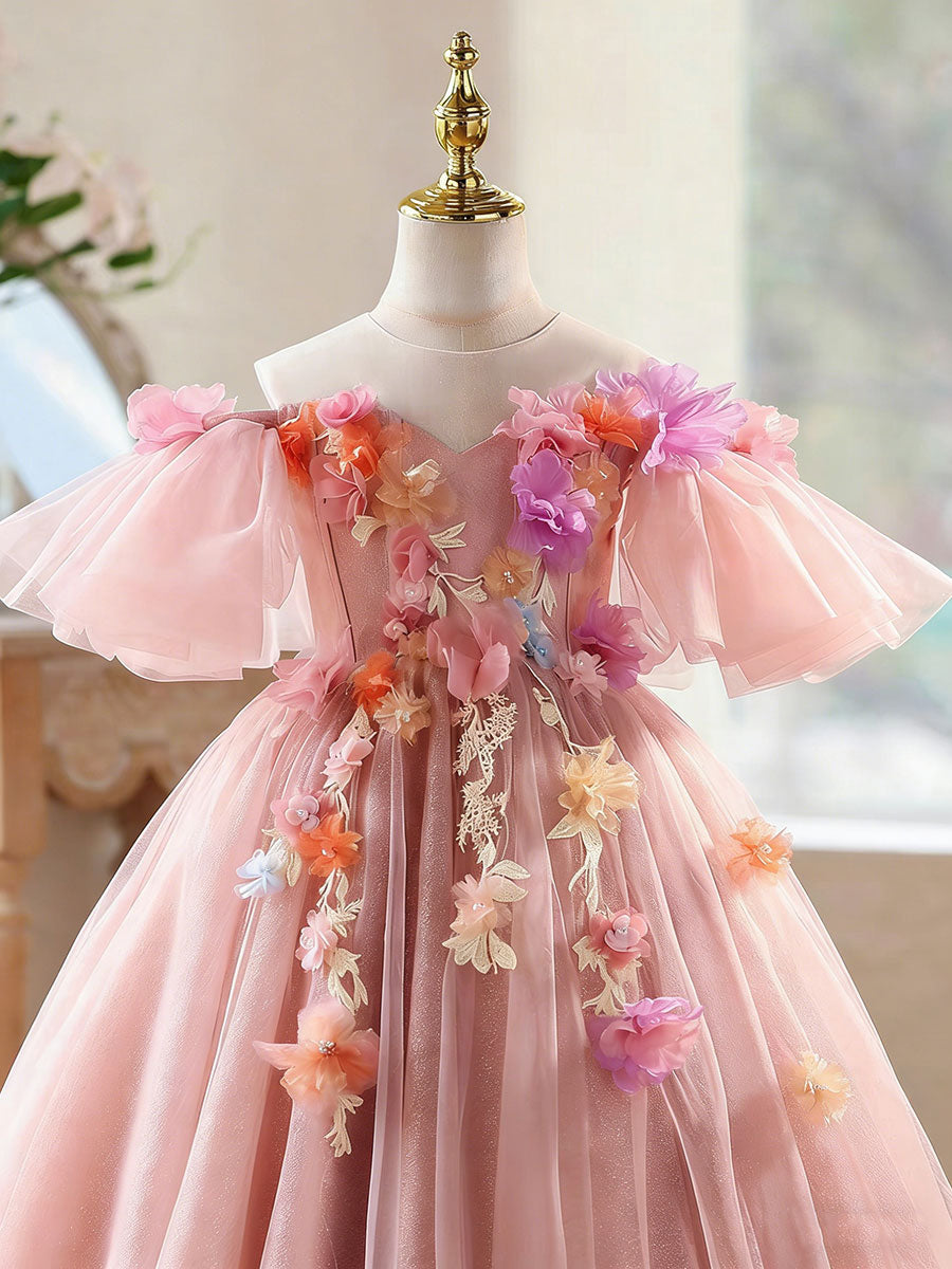 Luxury Pink Tulle Flower Girl Dress with 3D Floral Appliques Off Shoulder Puffy Princess Party Dress D334