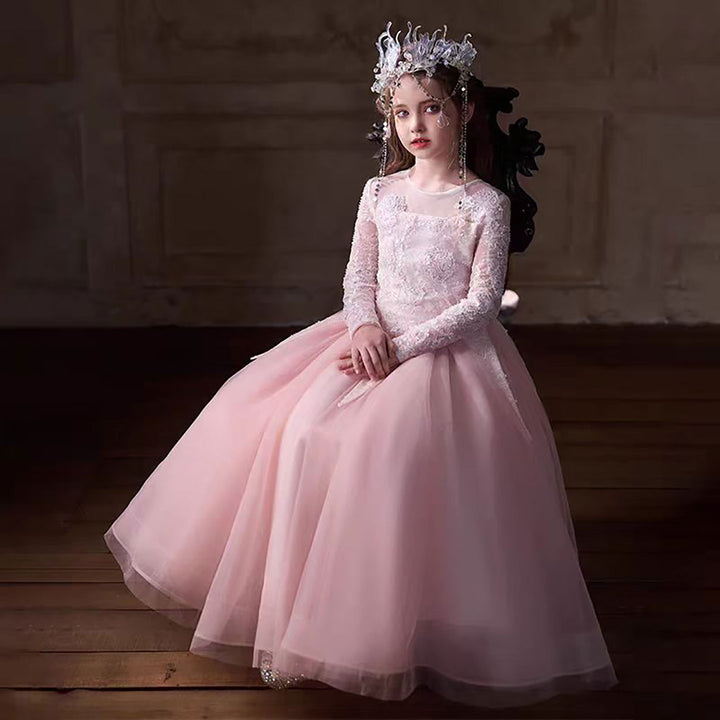 Blush Pink Flower Girl Dress with White Lace Embroidery J263