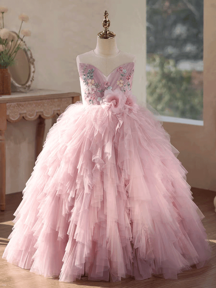 Pink Tiered Tulle Flower Girl Dress with Floral Embroidery Kids Princess Ball Gown J613