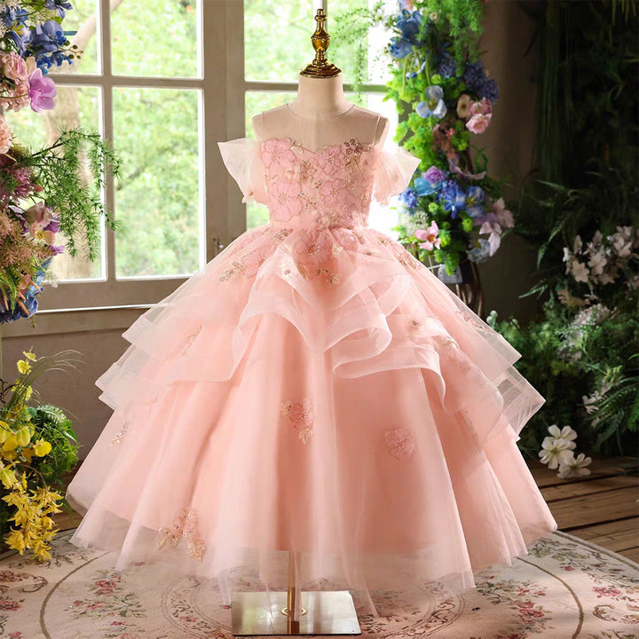 Elegant Pink Flower Girl Pageant Princess Gown for Birthday Parties D225