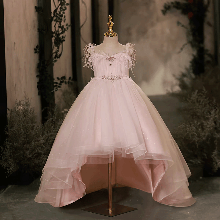 Pink High-Low Tulle Flower Girl Dress with Feather Kids Princess Party Dress J616