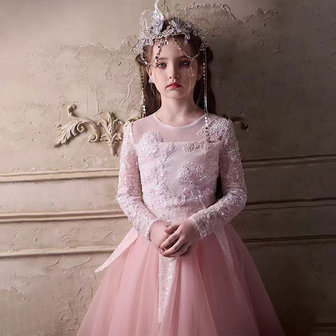 blush pink flower girl dress Blush Pink Flower Girl Dress with White Lace Embroidery J263 – DreamyVow