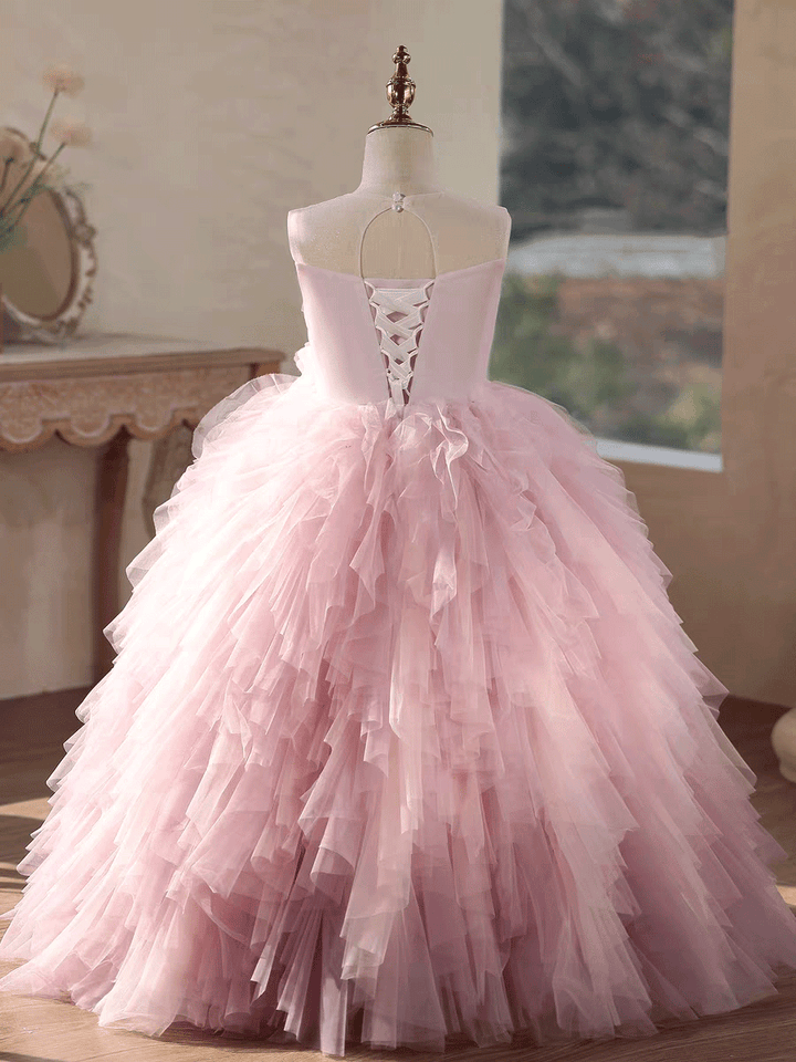 Pink Tiered Tulle Flower Girl Dress with Floral Embroidery Kids Princess Ball Gown J613