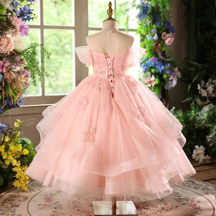 Elegant Pink Flower Girl Pageant Princess Gown for Birthday Parties D225