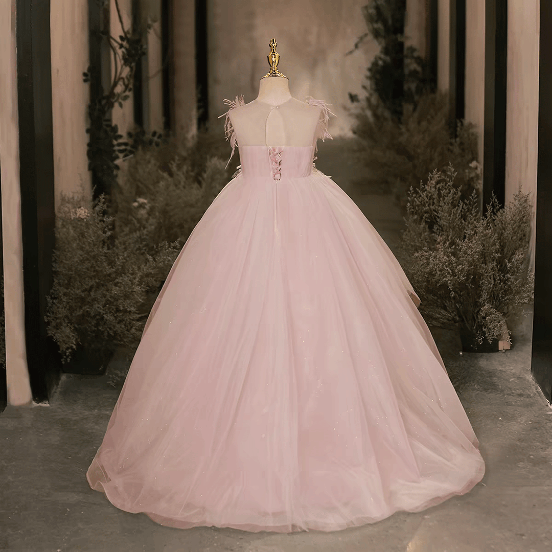 Pink High-Low Tulle Flower Girl Dress with Feather Kids Princess Party Dress J616