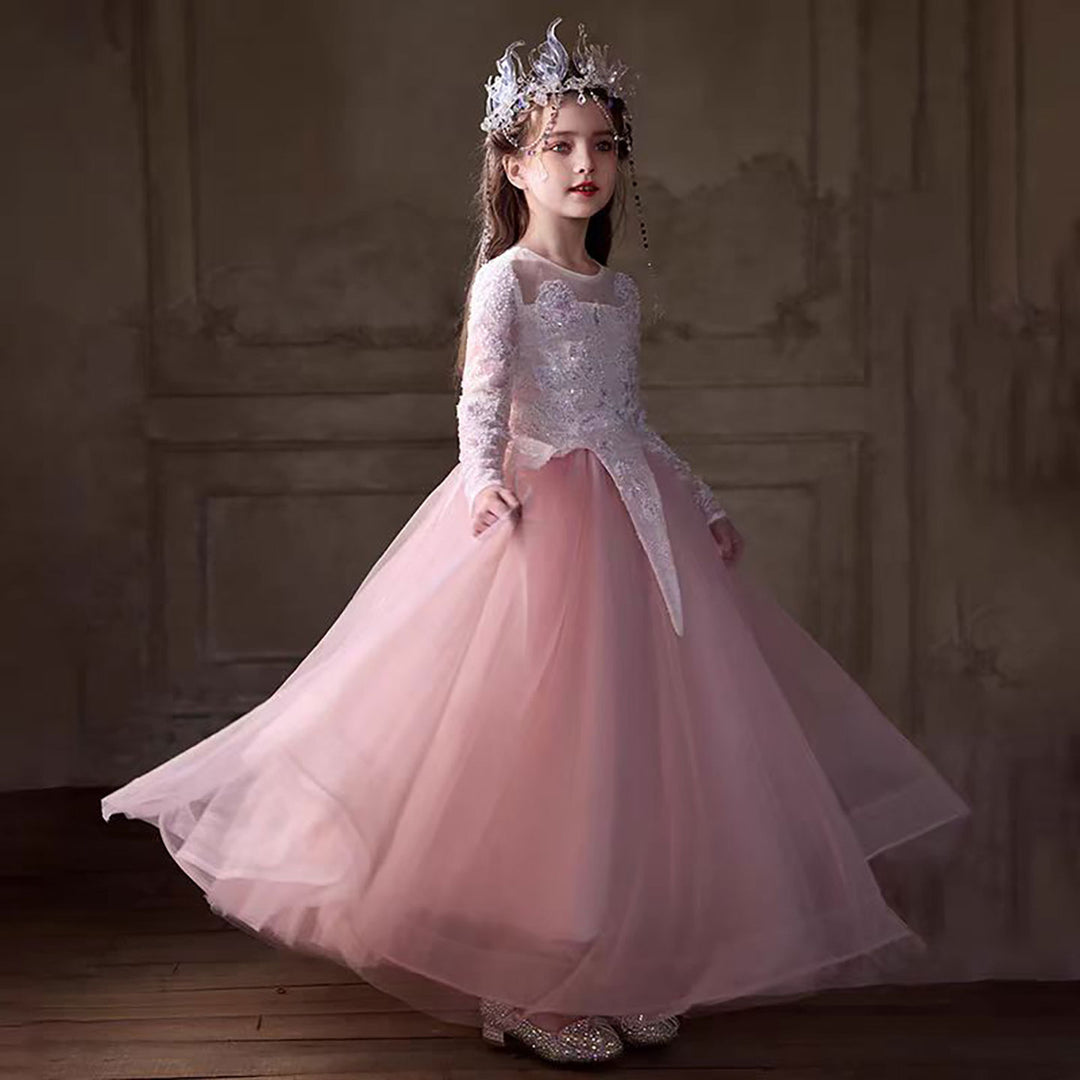 Blush Pink Flower Girl Dress with White Lace Embroidery J263