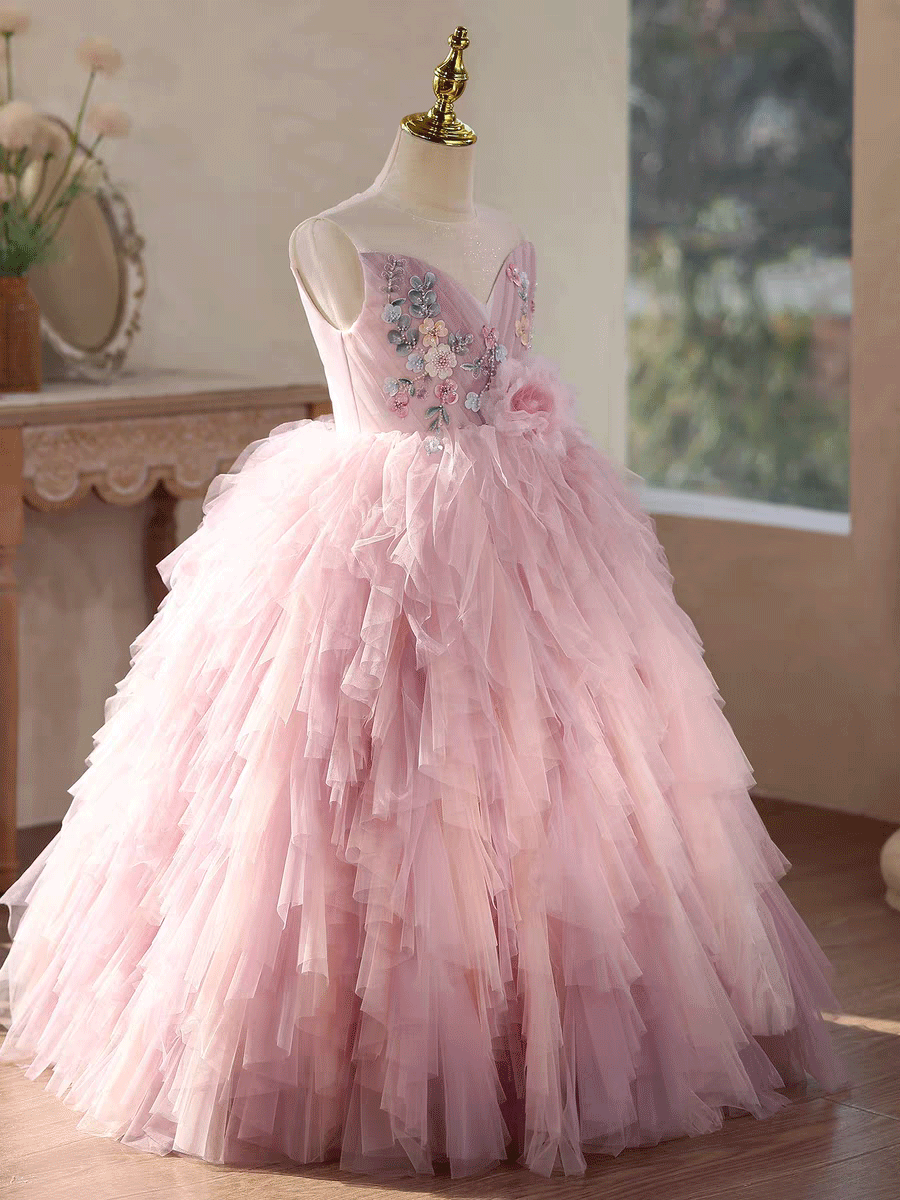 Pink Tiered Tulle Flower Girl Dress with Floral Embroidery Kids Princess Ball Gown J613