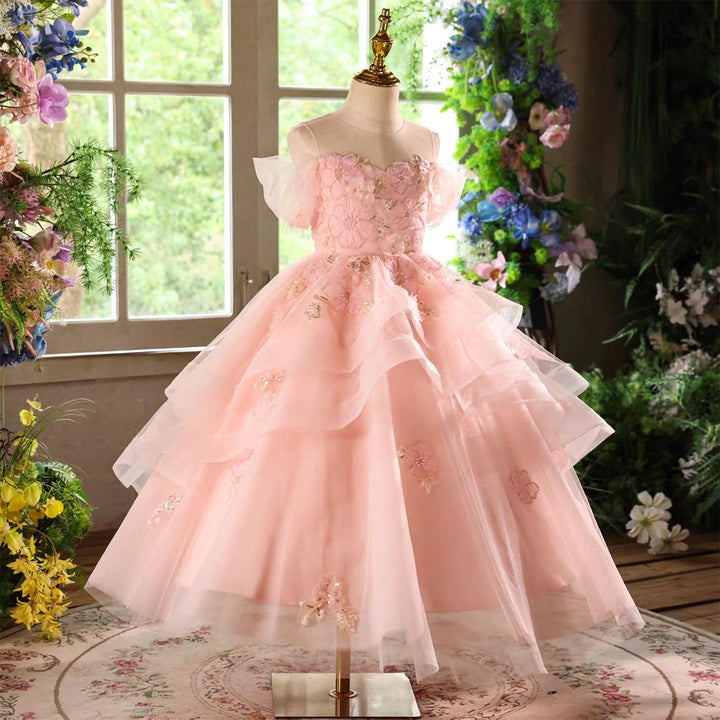Elegant Pink Flower Girl Pageant Princess Gown for Birthday Parties D225