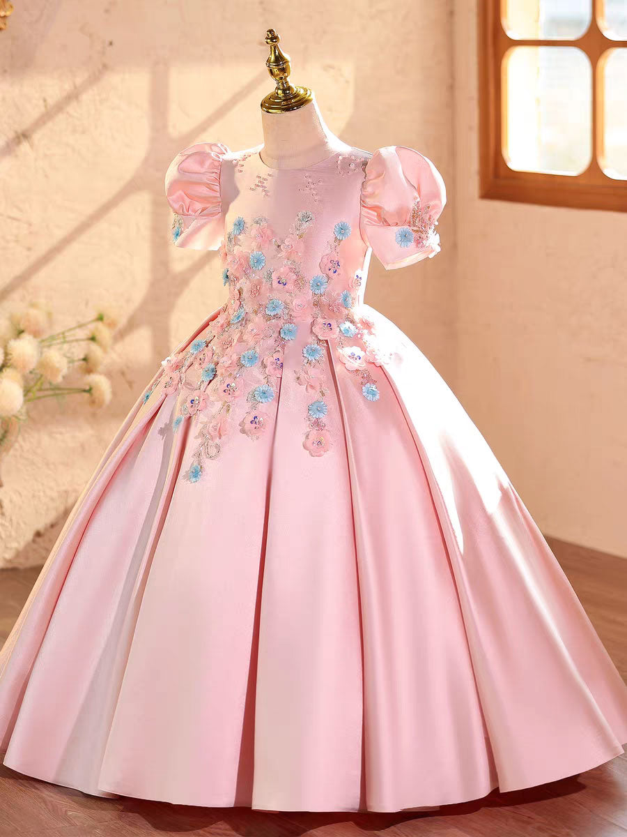 Luxury Pink Flower Girl Dress Puffy Princess Birthday Party Gown D328