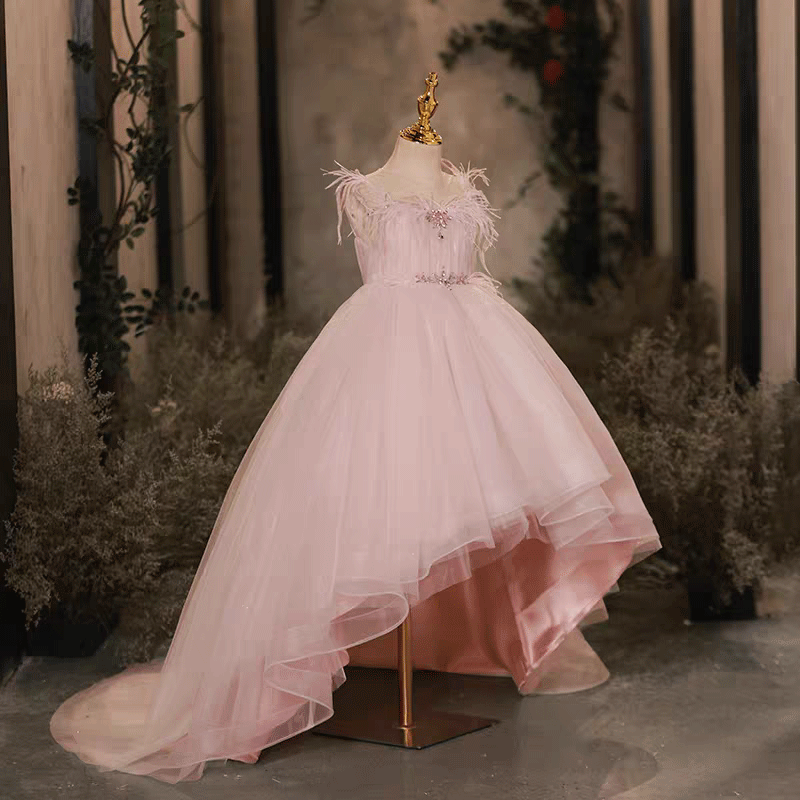 Pink High-Low Tulle Flower Girl Dress with Feather Kids Princess Party Dress J616