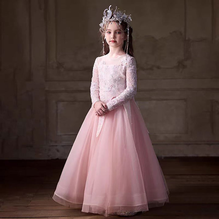Blush Pink Flower Girl Dress with White Lace Embroidery J263
