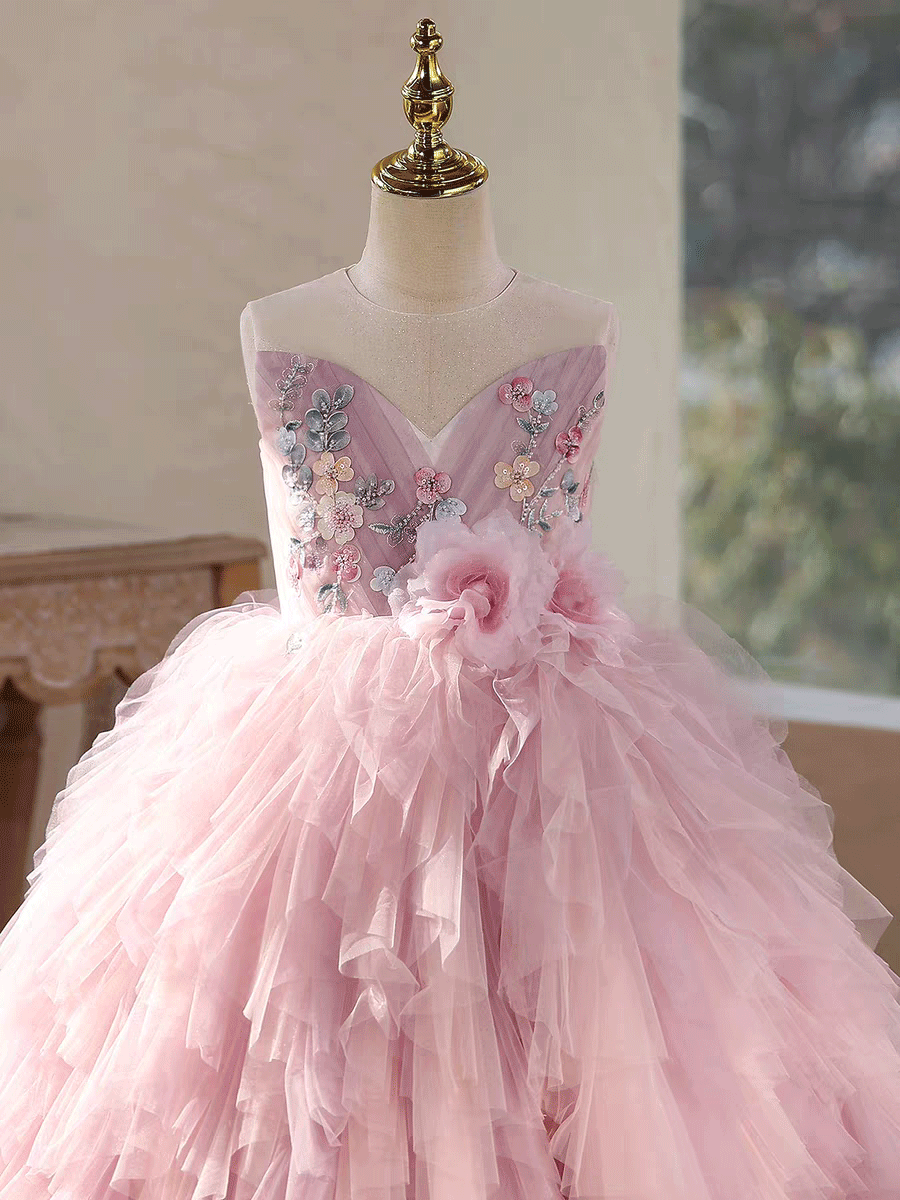 Pink Tiered Tulle Flower Girl Dress with Floral Embroidery Kids Princess Ball Gown J613
