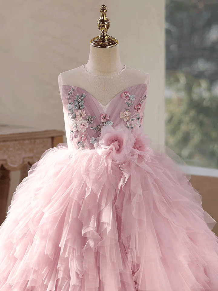 Pink Tiered Tulle Flower Girl Dress with Floral Embroidery Kids Princess Ball Gown J613