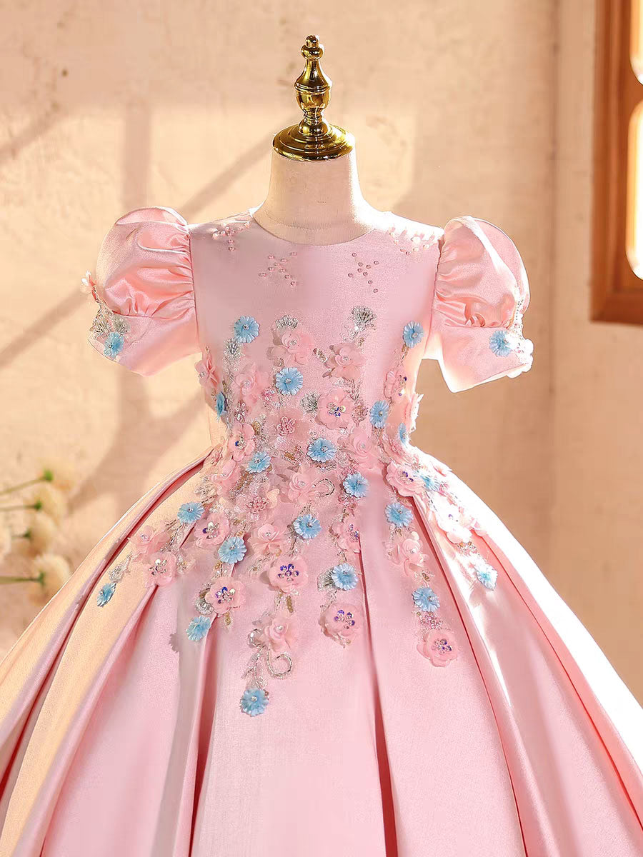 Luxury Pink Flower Girl Dress Puffy Princess Birthday Party Gown D328