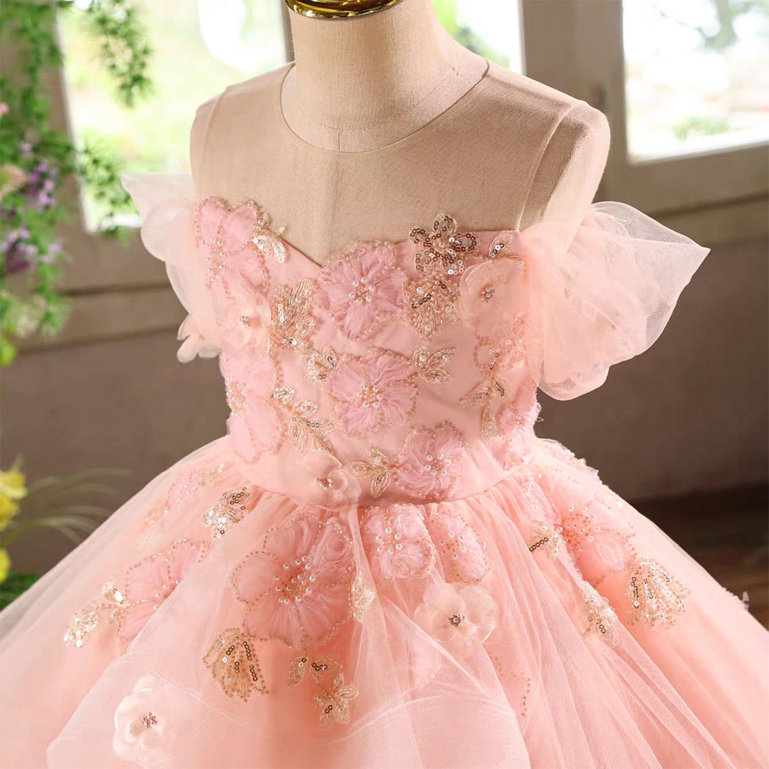 Elegant Pink Flower Girl Pageant Princess Gown for Birthday Parties D225