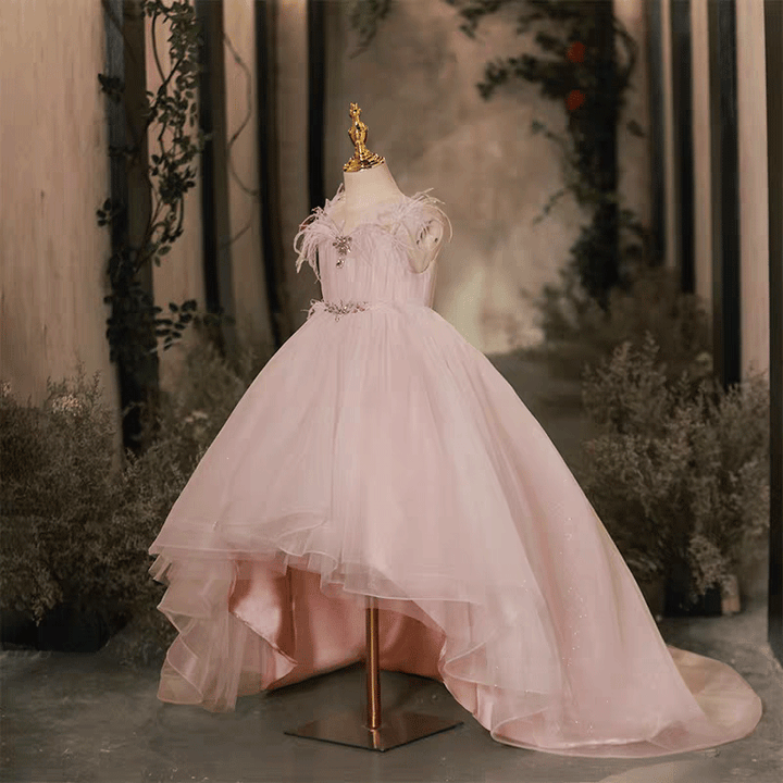 Pink High-Low Tulle Flower Girl Dress with Feather Kids Princess Party Dress J616