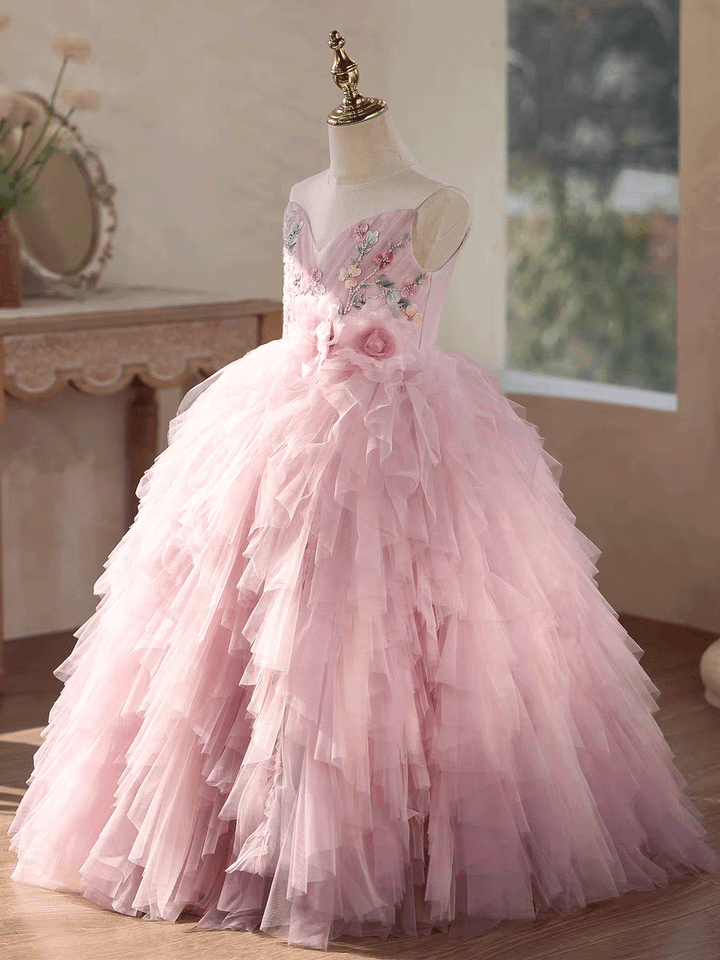 Pink Tiered Tulle Flower Girl Dress with Floral Embroidery Kids Princess Ball Gown J613