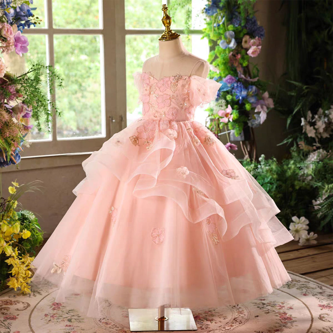 Elegant Pink Flower Girl Pageant Princess Gown for Birthday Parties D225