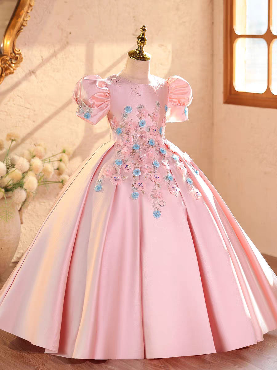 Luxury Pink Flower Girl Dress Puffy Princess Birthday Party Gown D328