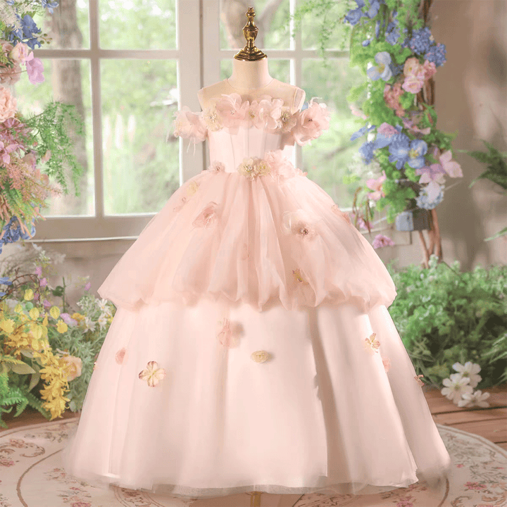 Pink Flower Girl Dress with Tiered Tulle Layers for Wedding Birthday J614