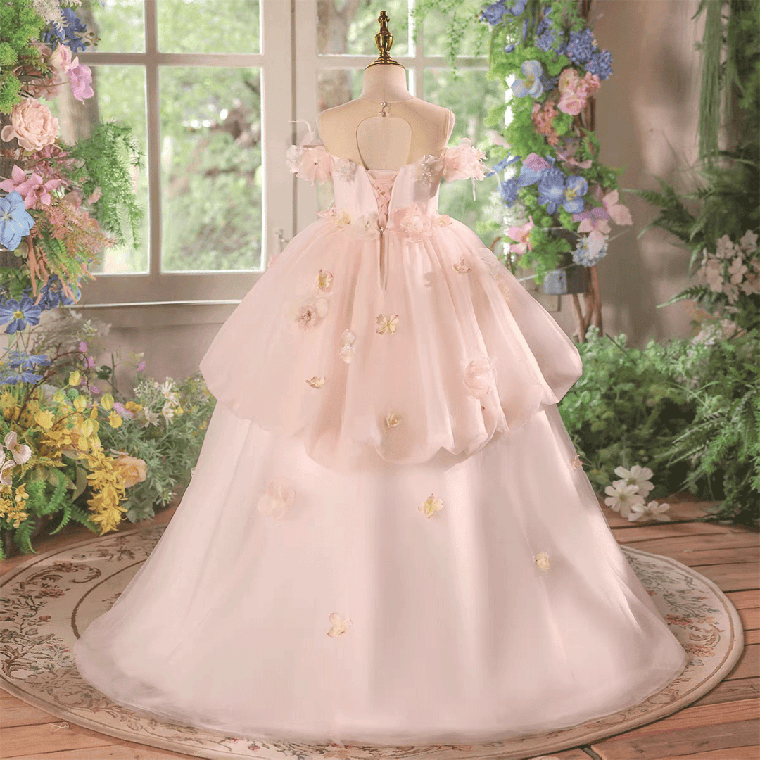 Pink Flower Girl Dress with Tiered Tulle Layers for Wedding Birthday J614