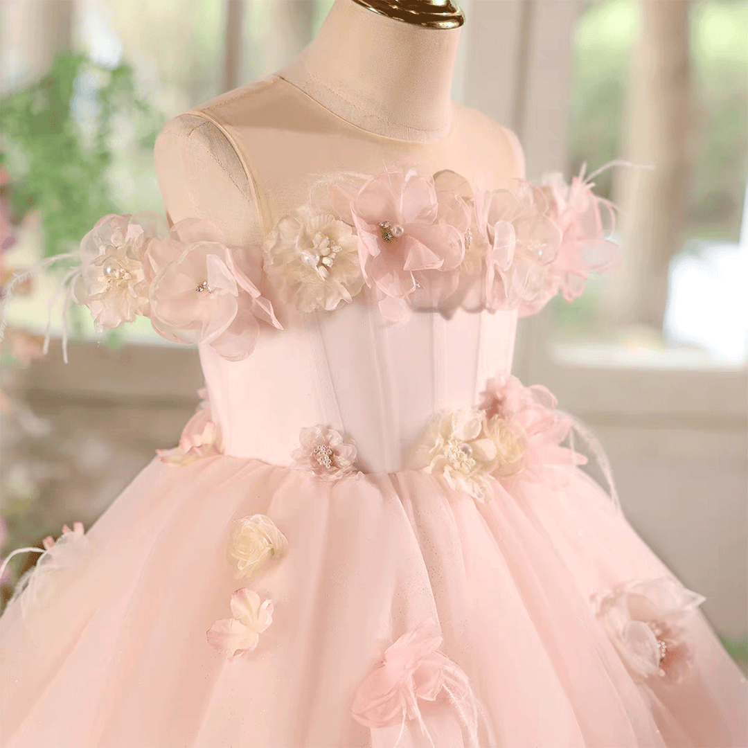 Pink Flower Girl Dress with Tiered Tulle Layers for Wedding Birthday J614