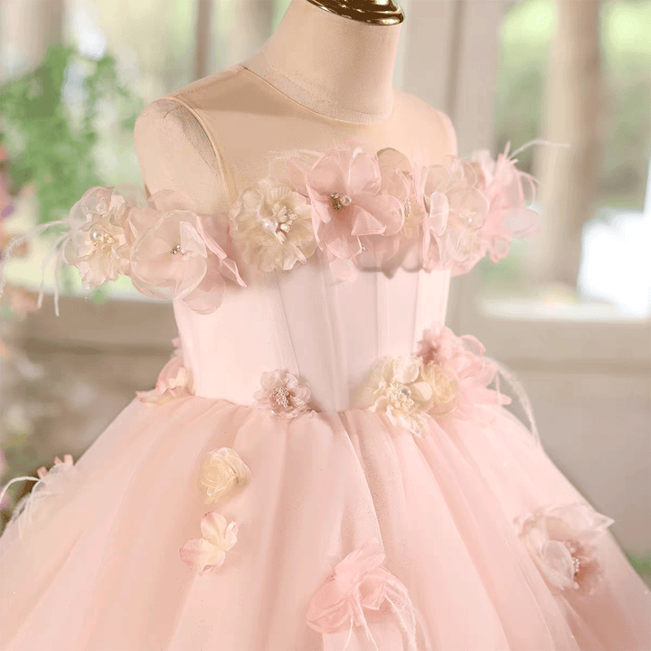 Pink Flower Girl Dress with Tiered Tulle Layers for Wedding Birthday J614