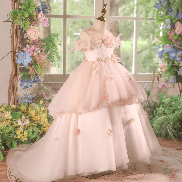 Pink Flower Girl Dress with Tiered Tulle Layers for Wedding Birthday J614