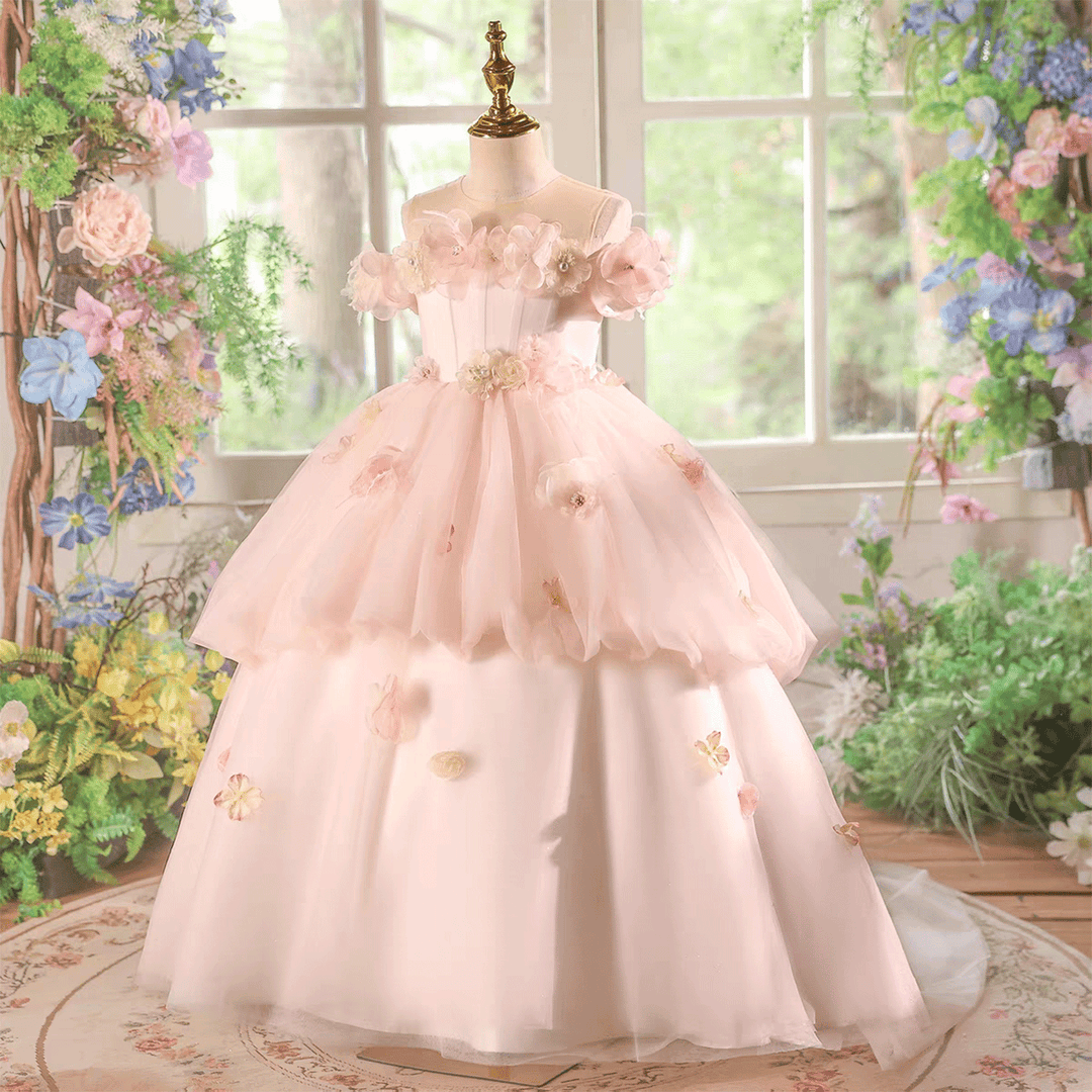 Pink Flower Girl Dress with Tiered Tulle Layers for Wedding Birthday J614