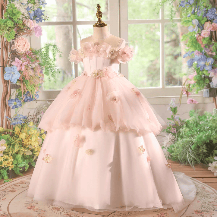 Pink Flower Girl Dress with Tiered Tulle Layers for Wedding Birthday J614