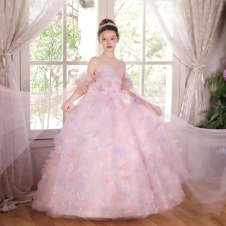 Luxury Pink Flower Girl Dress Puffy Princess Ball Gown for Wedding Birthday Party J033