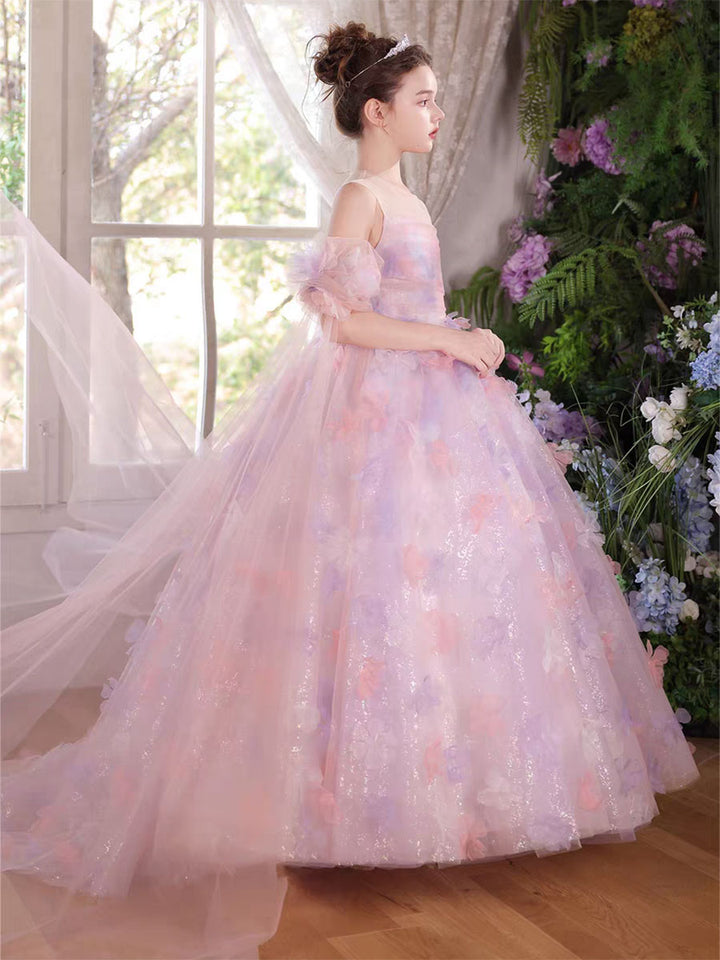Luxury Pink Flower Girl Dress Puffy Princess Ball Gown for Wedding Birthday Party J033