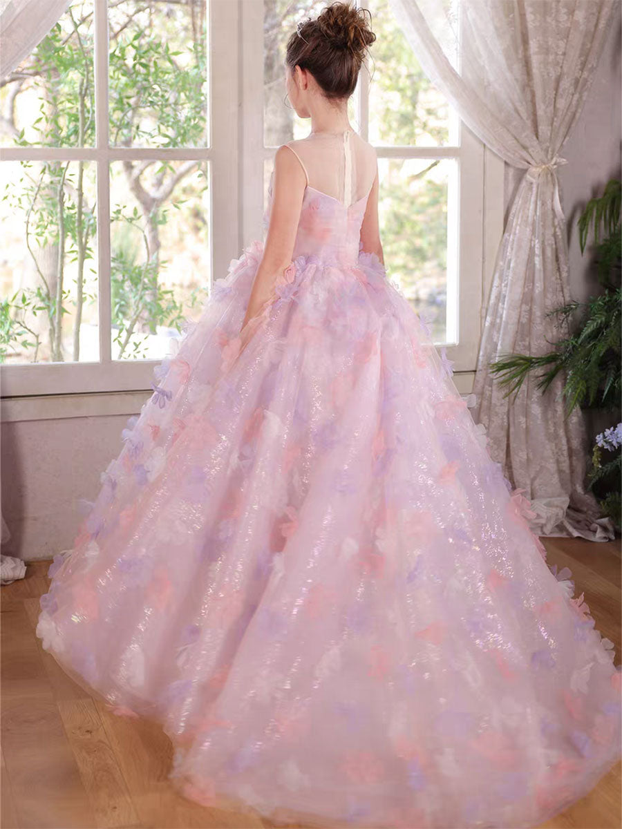 Luxury Pink Flower Girl Dress Puffy Princess Ball Gown for Wedding Birthday Party J033