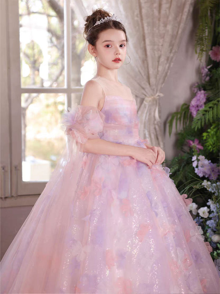Luxury Pink Flower Girl Dress Puffy Princess Ball Gown for Wedding Birthday Party J033