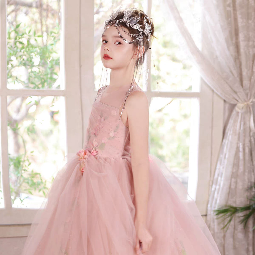 Elegant Pink Flower Girl Dress Puffy Tulle Princess Ball Gown with Floral Appliques J009