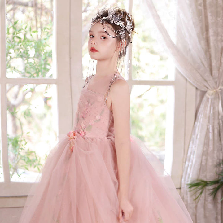 Elegant Pink Flower Girl Dress Puffy Tulle Princess Ball Gown with Floral Appliques J009