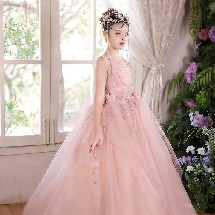 Elegant Pink Flower Girl Dress Puffy Tulle Princess Ball Gown with Floral Appliques J009