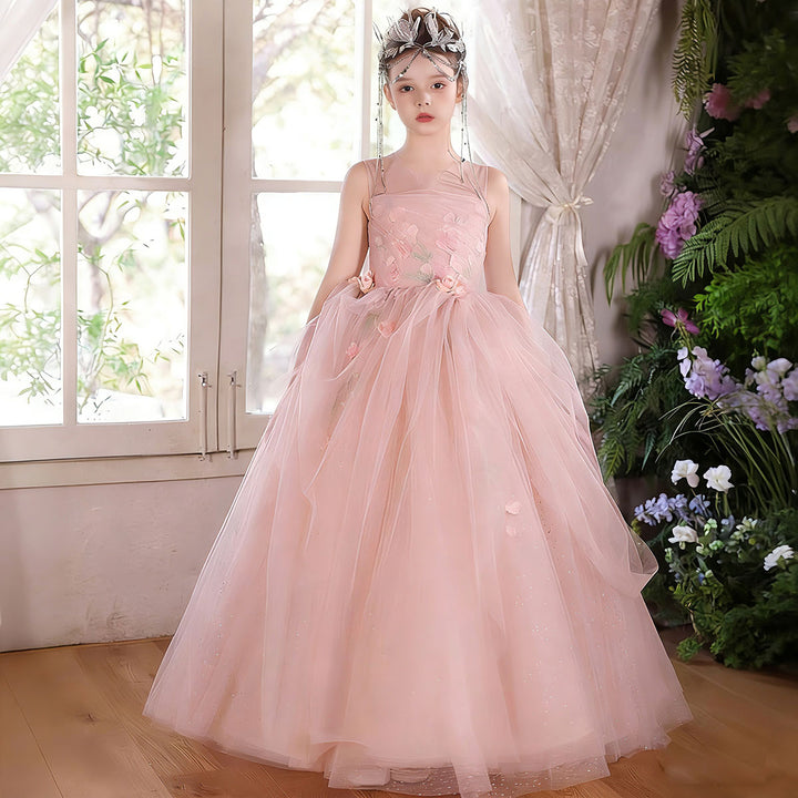 Elegant Pink Flower Girl Dress Puffy Tulle Princess Ball Gown with Floral Appliques J009