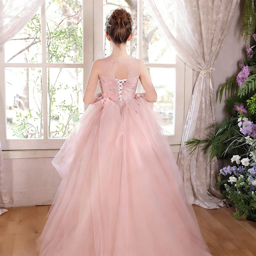 Elegant Pink Flower Girl Dress Puffy Tulle Princess Ball Gown with Floral Appliques J009