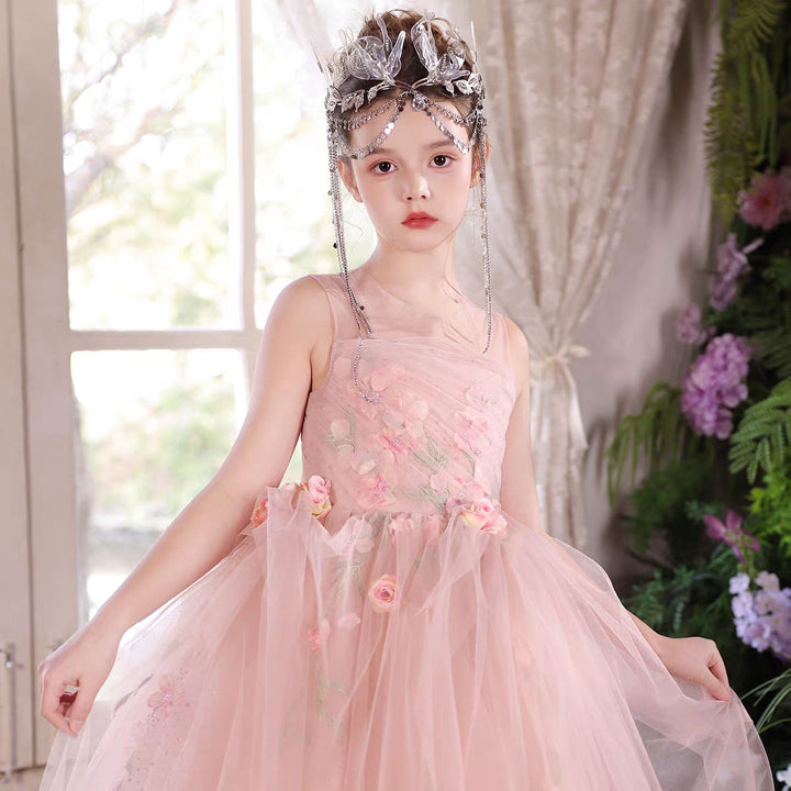 Elegant Pink Flower Girl Dress Puffy Tulle Princess Ball Gown with Floral Appliques J009