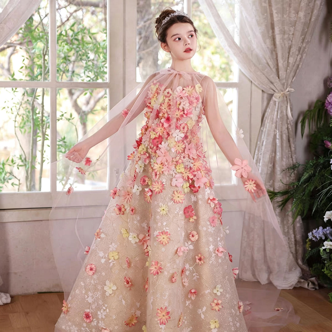 Luxury 3D Floral Flower Girl Dress with Sheer Cape Colorful Princess Gown for Wedding J053