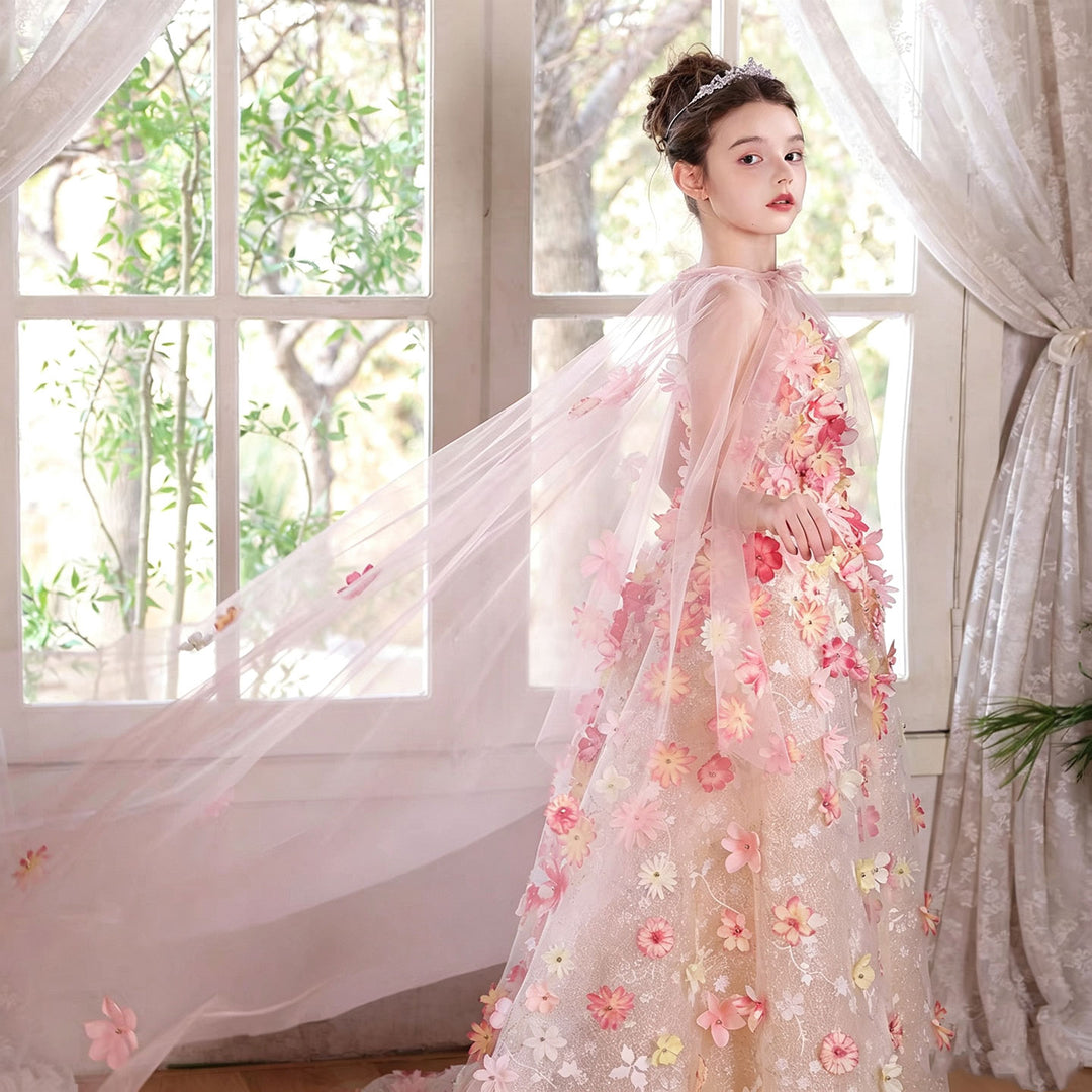 Luxury 3D Floral Flower Girl Dress with Sheer Cape Colorful Princess Gown for Wedding J053