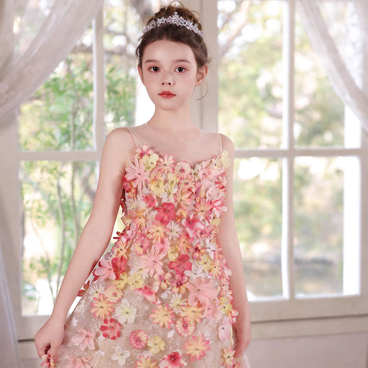 Luxury 3D Floral Flower Girl Dress with Sheer Cape Colorful Princess Gown for Wedding J053