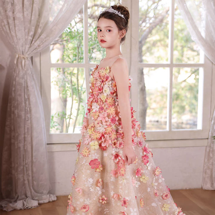 Luxury 3D Floral Flower Girl Dress with Sheer Cape Colorful Princess Gown for Wedding J053