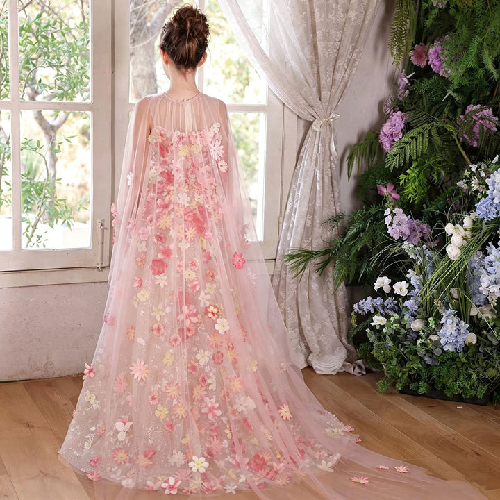 Luxury 3D Floral Flower Girl Dress with Sheer Cape Colorful Princess Gown for Wedding J053