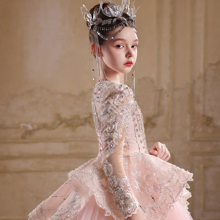 Royal Pink Flower Girl Dress with Long Sleeves Lace Embroidery Princess Ball Gown J016