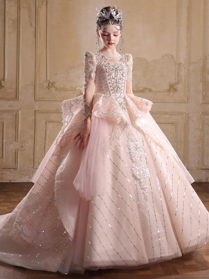 Royal Pink Flower Girl Dress with Long Sleeves Lace Embroidery Princess Ball Gown J016